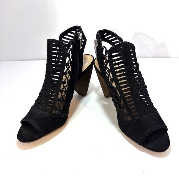 Black Peep-Toe Laser-Cut Heeled Sandals With Back Zippers & Wooden Cone Heels - Picture 5 of 9